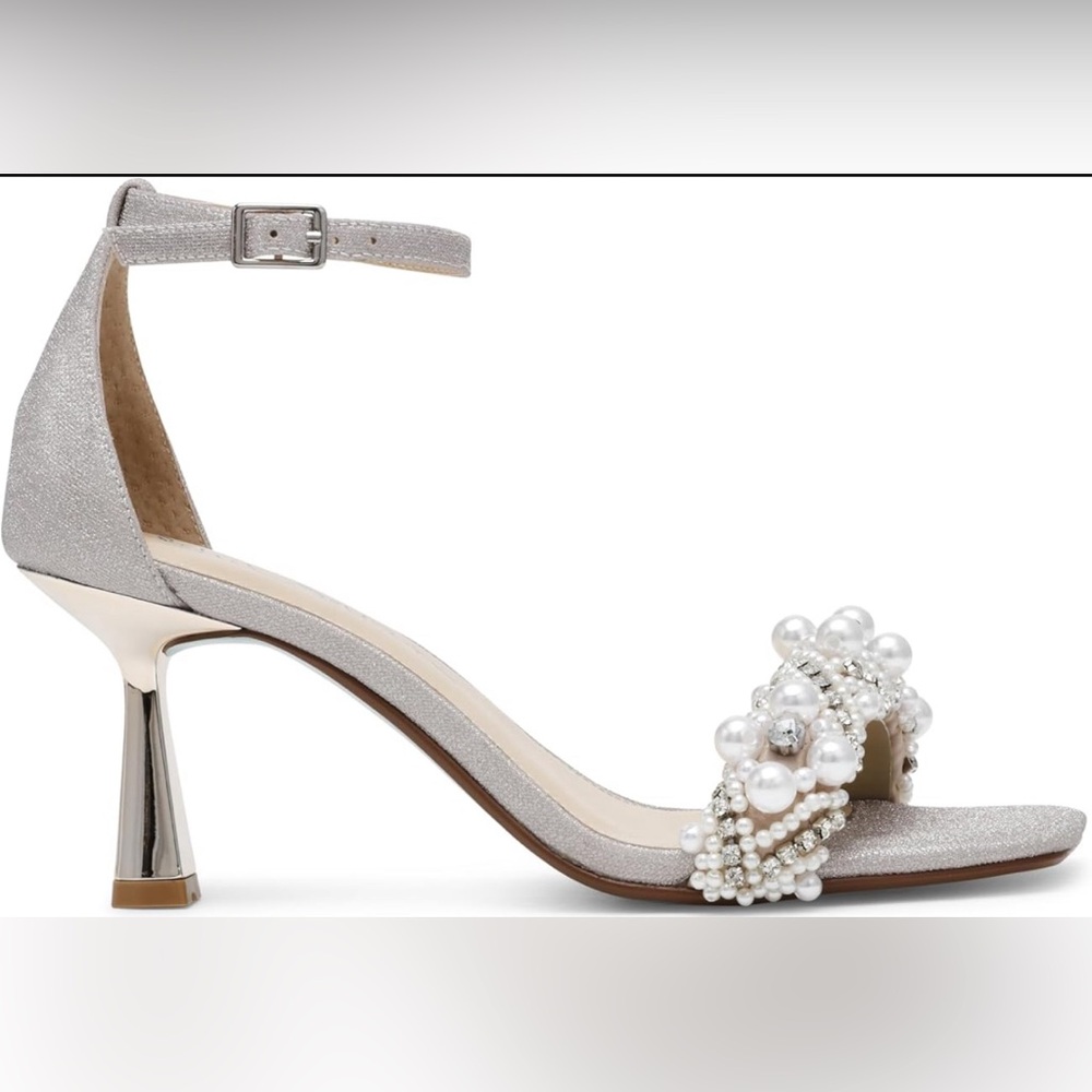 Blue by Betsey Johnson Silver Pearl Embellished Ankle Strap Sandals